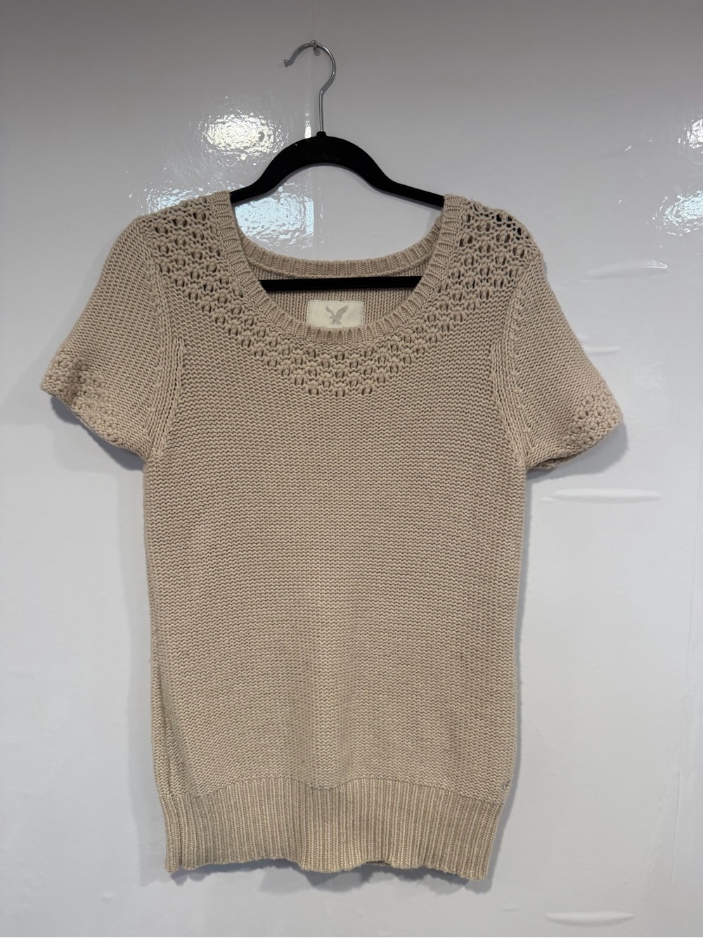 Vintage Y2K American Eagle Beige Short-Sleeve Knit Sweater with Crochet